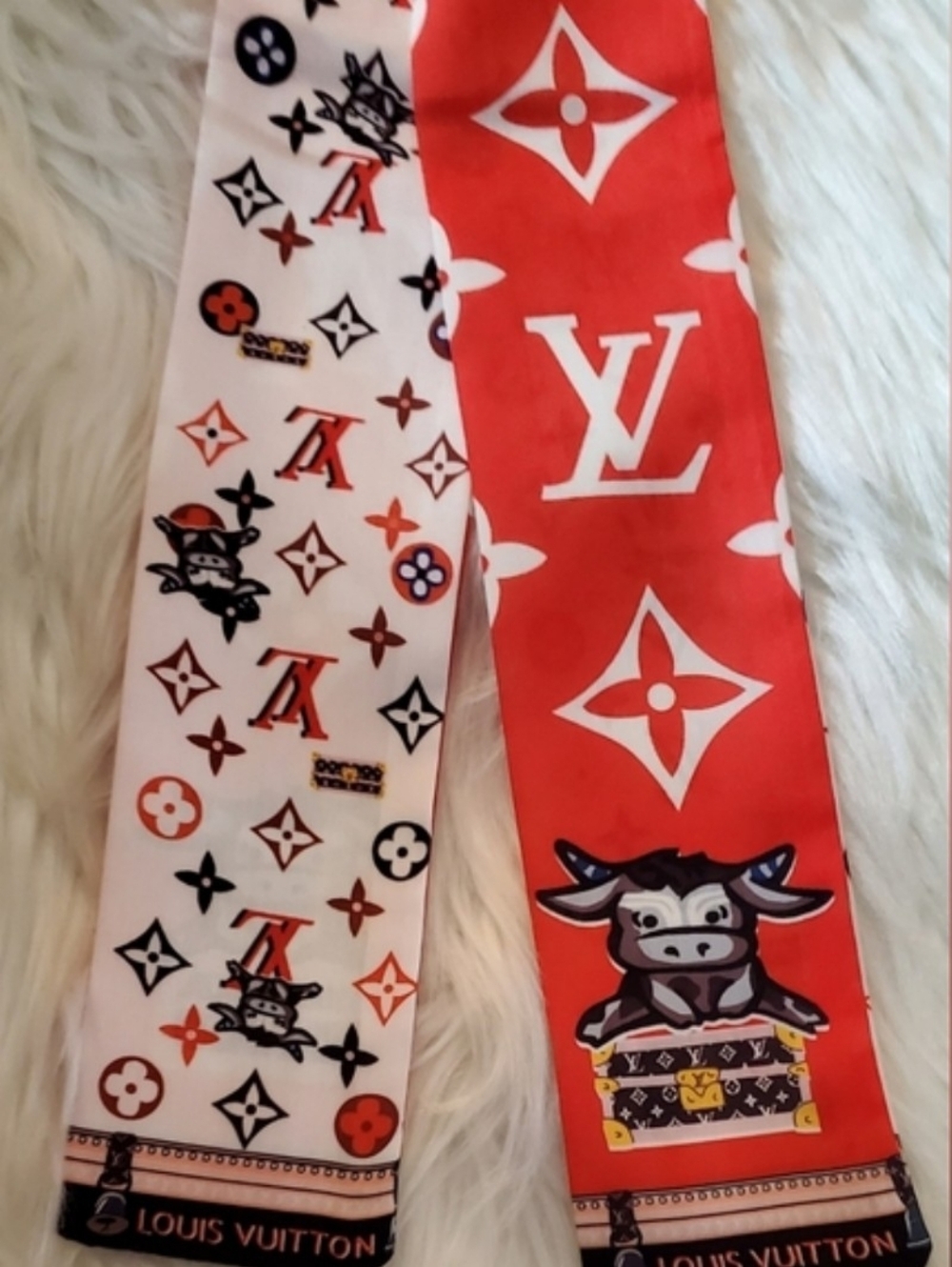Louis Vuitton Red and White Hair Twilly Scarf